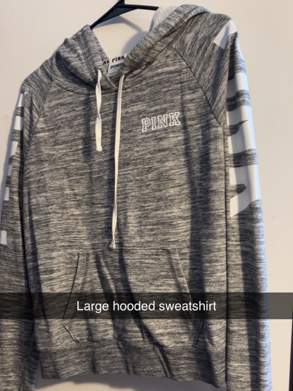 PINK Victoria's Secret Gray Marled Hooded Sweatshirt with White Sleeve Stripes